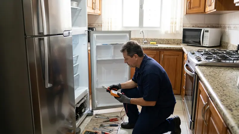 Técnico testando a parte elétrica e a placa eletrônica da geladeira