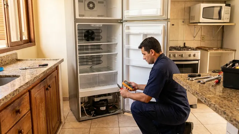 Técnico verificando o sistema de degelo no freezer da geladeira