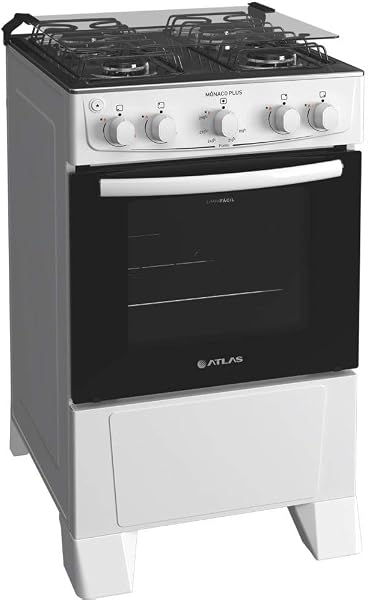 Fogão Atlas 4 Bocas Mônaco Plus Branco com Mesa de Inox e Acendimento Automático
