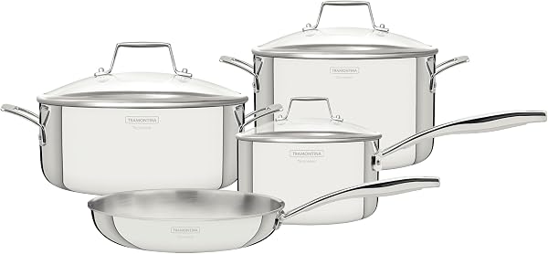 Jogo de Panelas Tramontina Grano Glass Aço Inox Corpo Triplo 4 Peças
