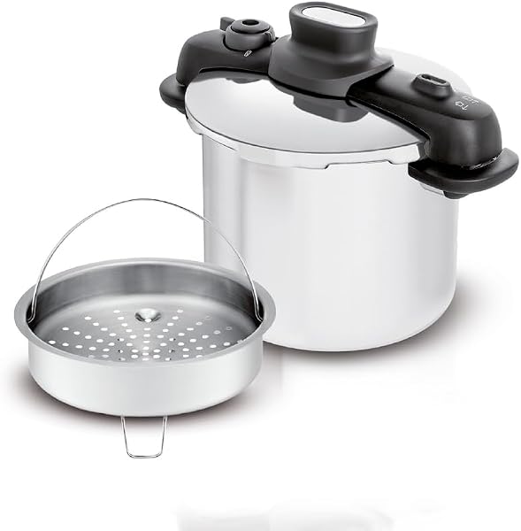 Panela de Pressão Tefal OptiSpace 7 L em Inox com Fundo Triplo e Cesto de Vapor